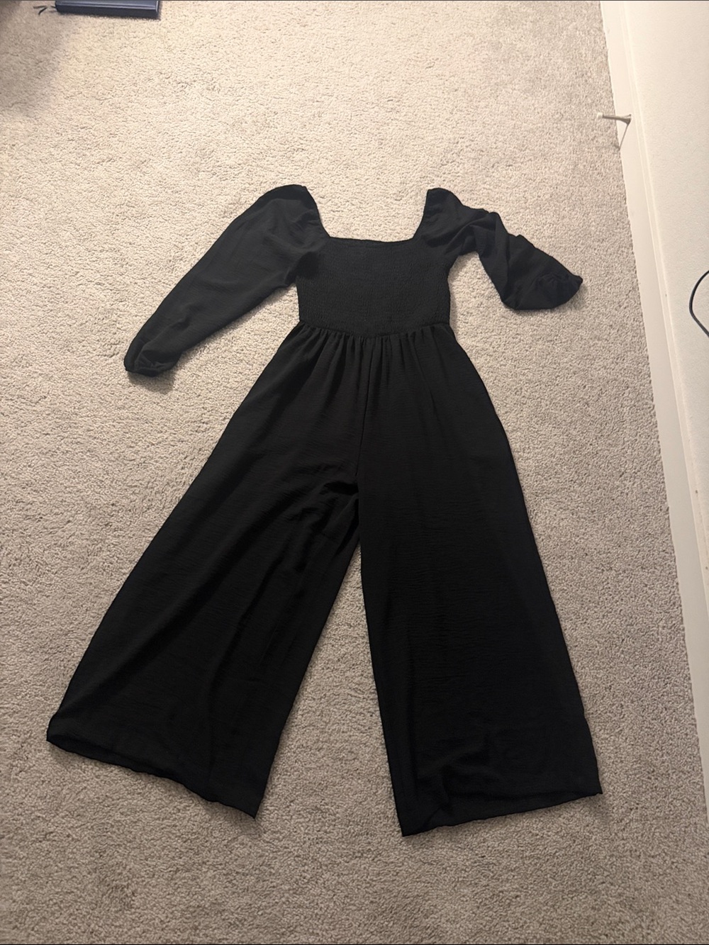 Women’s Black Wide-Leg Jumpsuit with Smocked Bodice